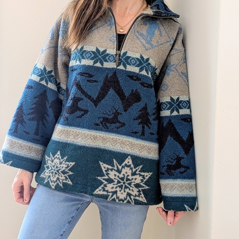 Vintage L.L. Bean Nordic Skier Abstract Patterned Wool Blend Quarter Zip Jacket